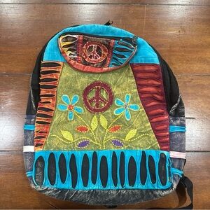 Rising International Boho Backpack 100% Cotton Peace Sign Festival Hippie Nepal